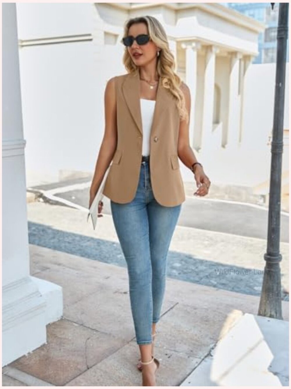Sleeveless Blazer Vest - Lightweight Lined Business Casual Work Office Tops - Picture 3 of 7